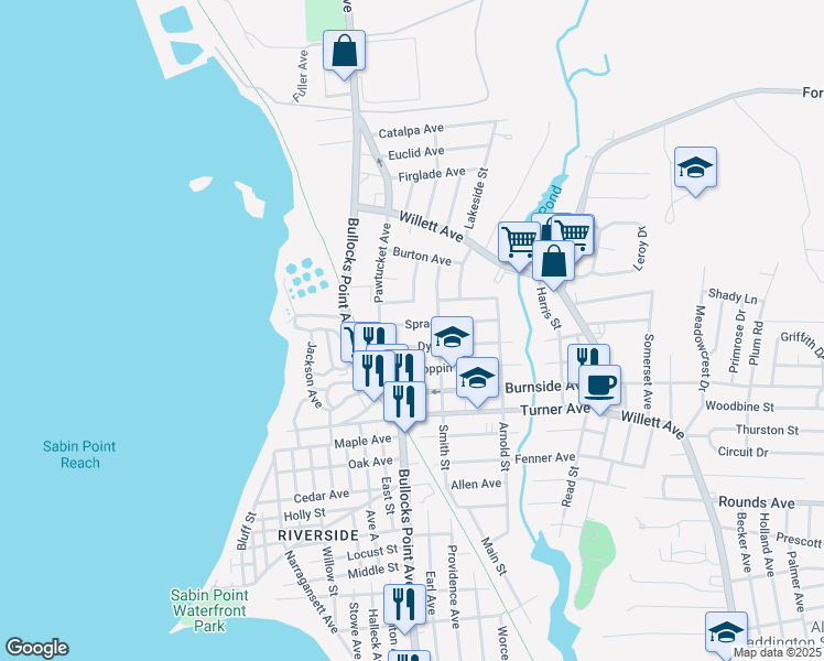 map of restaurants, bars, coffee shops, grocery stores, and more near 27 Sprague Avenue in East Providence