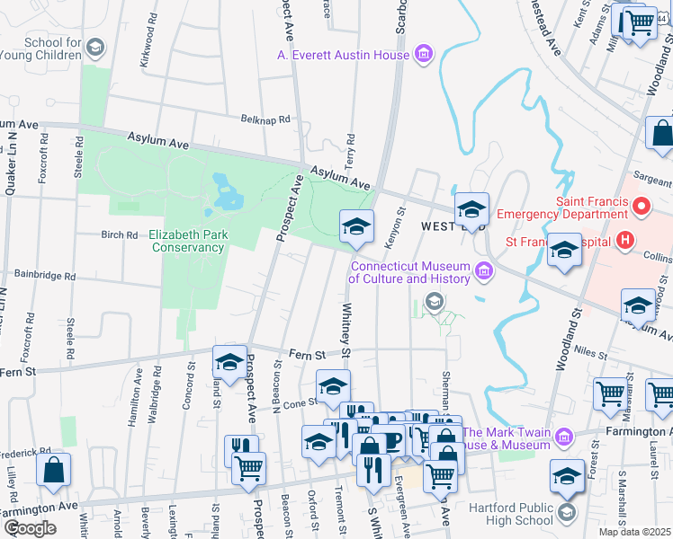 map of restaurants, bars, coffee shops, grocery stores, and more near 296 Oxford Street in Hartford