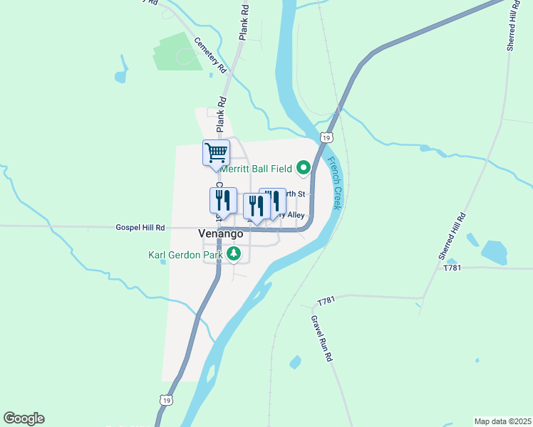 map of restaurants, bars, coffee shops, grocery stores, and more near Cherry Alley in Venango