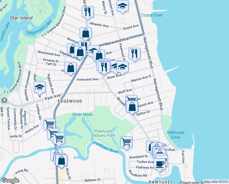 map of restaurants, bars, coffee shops, grocery stores, and more near 1912 Broad Street in Cranston