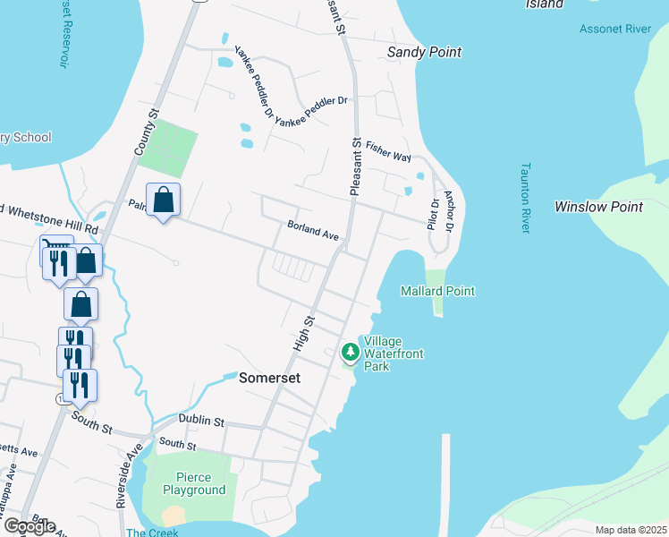 map of restaurants, bars, coffee shops, grocery stores, and more near 534 High Street in Somerset