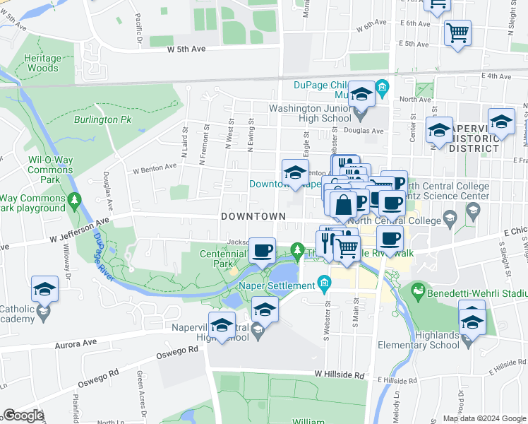 map of restaurants, bars, coffee shops, grocery stores, and more near 419 West Jefferson Avenue in Naperville