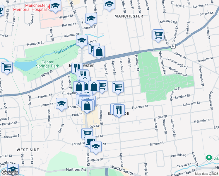 map of restaurants, bars, coffee shops, grocery stores, and more near 87 Foster Street in Manchester