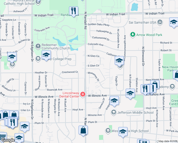 map of restaurants, bars, coffee shops, grocery stores, and more near 1371 Monomoy Street in Aurora