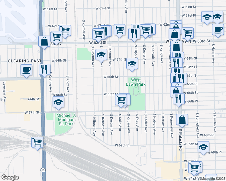 map of restaurants, bars, coffee shops, grocery stores, and more near 6549 South Kostner Avenue in Chicago