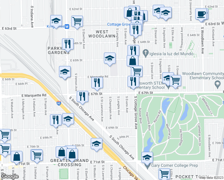 map of restaurants, bars, coffee shops, grocery stores, and more near 6649 South Champlain Avenue in Chicago