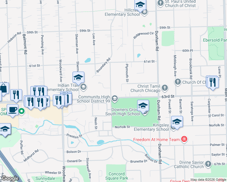 map of restaurants, bars, coffee shops, grocery stores, and more near 6243 Springside Avenue in Downers Grove