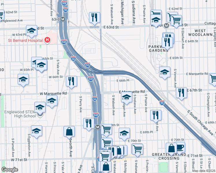 map of restaurants, bars, coffee shops, grocery stores, and more near 6648 South Wabash Avenue in Chicago