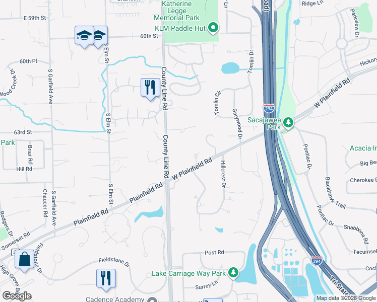 map of restaurants, bars, coffee shops, grocery stores, and more near 6406 Pinecrest Court in Burr Ridge