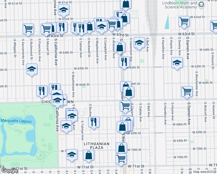 map of restaurants, bars, coffee shops, grocery stores, and more near 6609 South Campbell Avenue in Chicago