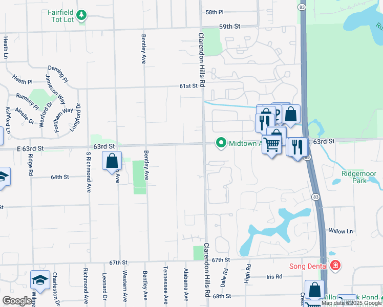 map of restaurants, bars, coffee shops, grocery stores, and more near 6300 Clarendon Hills Road in Willowbrook