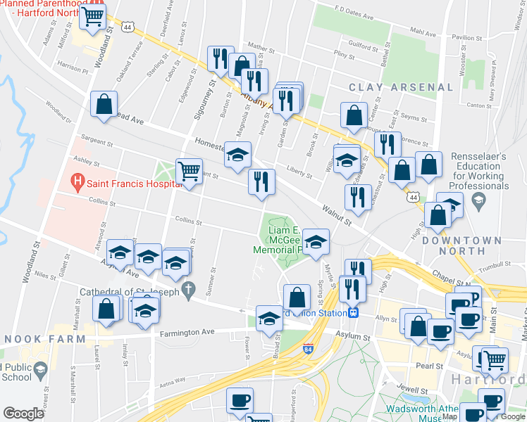 map of restaurants, bars, coffee shops, grocery stores, and more near Garden St & Ashley St in Hartford