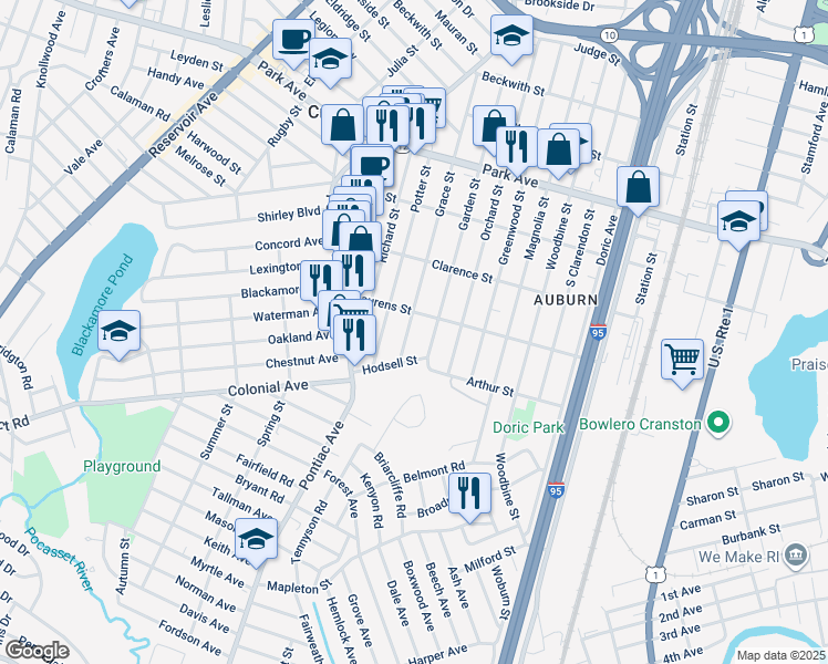 map of restaurants, bars, coffee shops, grocery stores, and more near 228 Grace St in Cranston