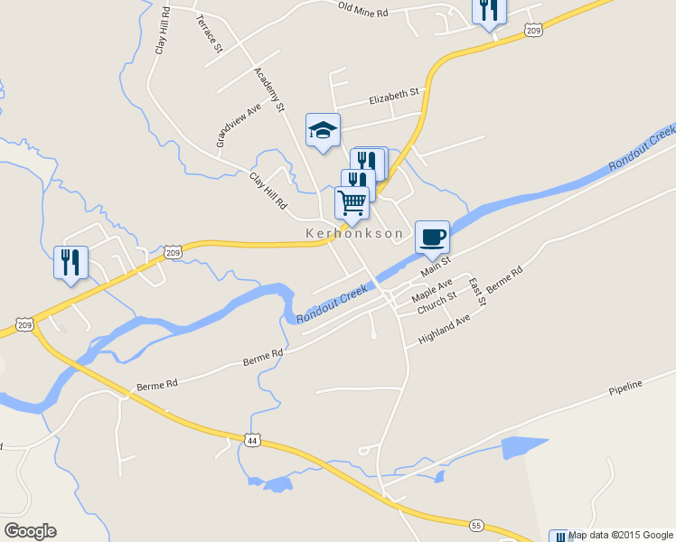 map of restaurants, bars, coffee shops, grocery stores, and more near 11 Pearl Street in Kerhonkson