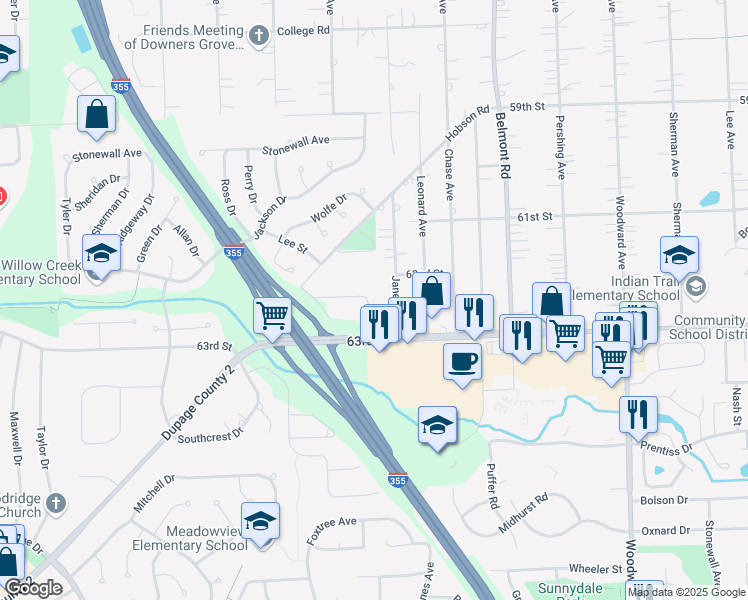 map of restaurants, bars, coffee shops, grocery stores, and more near 2498 Huntleigh Lane in Woodridge