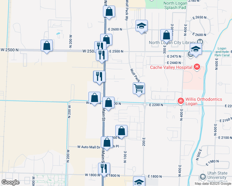 map of restaurants, bars, coffee shops, grocery stores, and more near 23 East 2200 North in North Logan