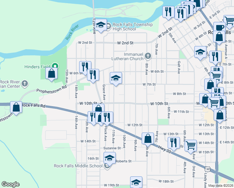 map of restaurants, bars, coffee shops, grocery stores, and more near 708 10th Avenue in Rock Falls