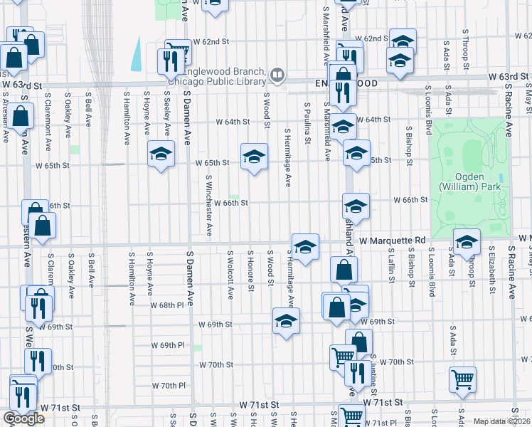 map of restaurants, bars, coffee shops, grocery stores, and more near 6612 South Wood Street in Chicago