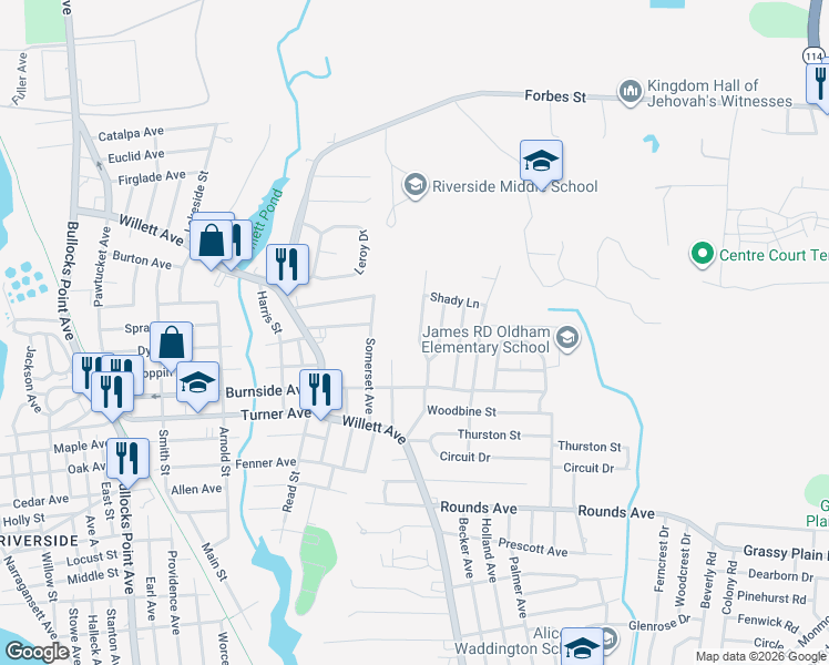 map of restaurants, bars, coffee shops, grocery stores, and more near 42 Meadowcrest Dr in East Providence