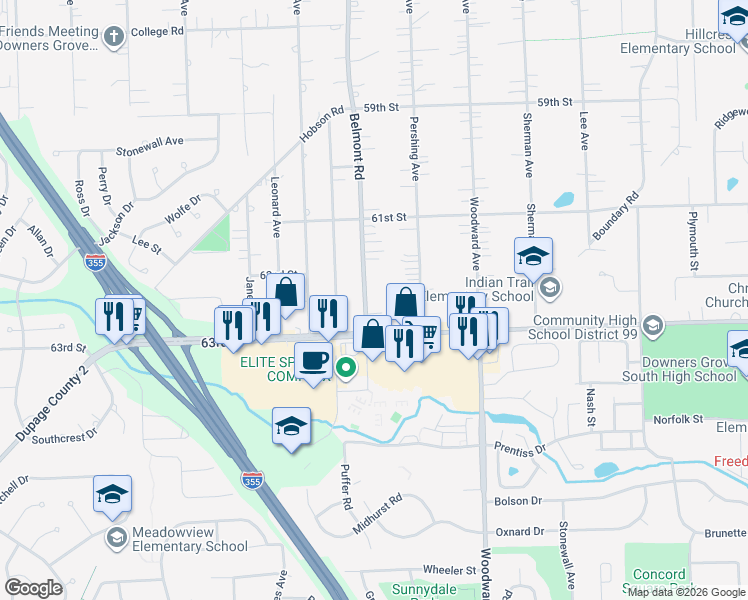 map of restaurants, bars, coffee shops, grocery stores, and more near 6215 Belmont Road in Downers Grove