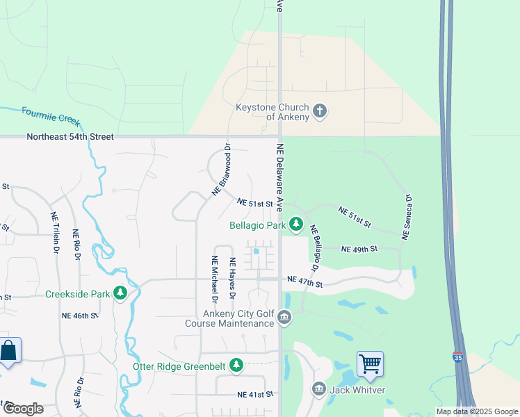 map of restaurants, bars, coffee shops, grocery stores, and more near 5018 Northeast Milligan Lane in Ankeny
