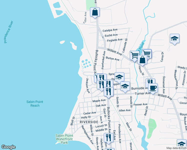 map of restaurants, bars, coffee shops, grocery stores, and more near 55 Washington Avenue in East Providence