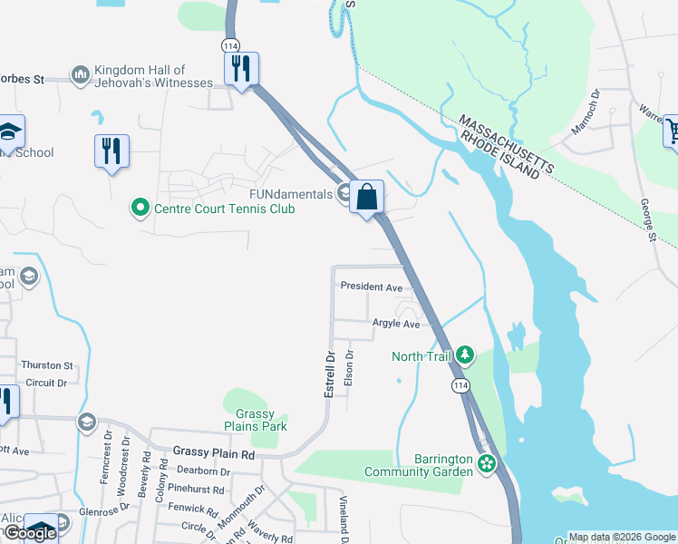 map of restaurants, bars, coffee shops, grocery stores, and more near 45 Reardon Ave in East Providence