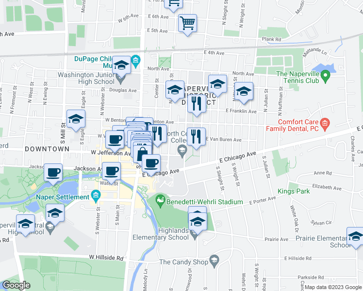 map of restaurants, bars, coffee shops, grocery stores, and more near 119 South Brainard Street in Naperville