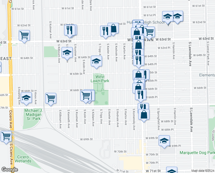 map of restaurants, bars, coffee shops, grocery stores, and more near 6550 South Keeler Avenue in Chicago