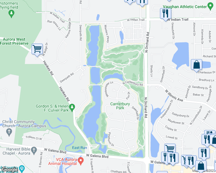 map of restaurants, bars, coffee shops, grocery stores, and more near 2555 Westminster Lane in Aurora