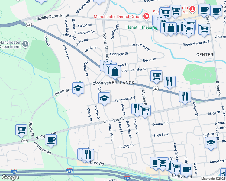 map of restaurants, bars, coffee shops, grocery stores, and more near 31 Preston Drive in Manchester