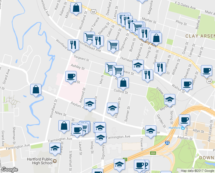 map of restaurants, bars, coffee shops, grocery stores, and more near 236 Collins Street in Hartford