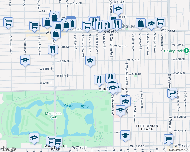 map of restaurants, bars, coffee shops, grocery stores, and more near 2909 West 66th Street in Chicago