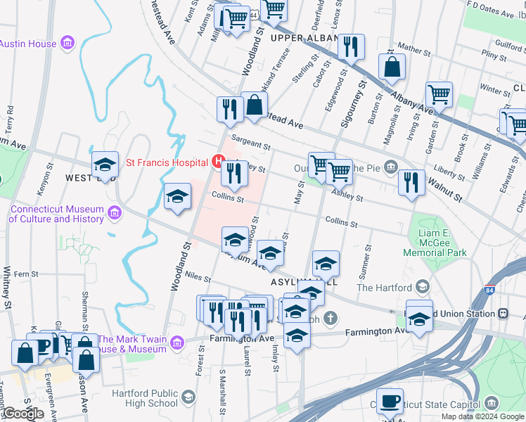 map of restaurants, bars, coffee shops, grocery stores, and more near 30 Atwood Street in Hartford