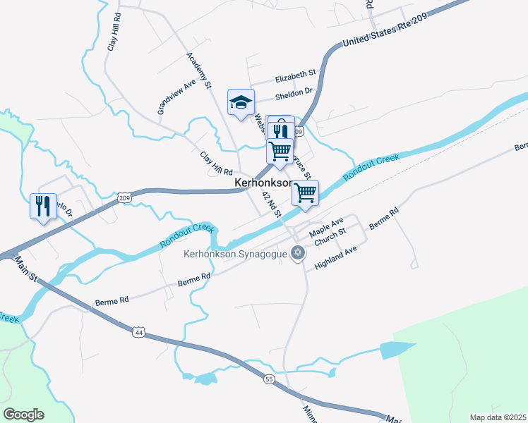 map of restaurants, bars, coffee shops, grocery stores, and more near 10 Wood Street in Kerhonkson
