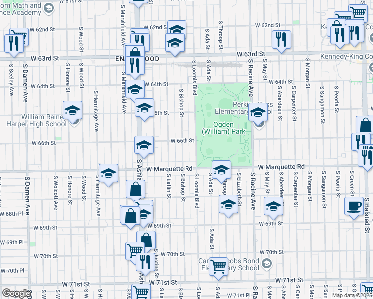 map of restaurants, bars, coffee shops, grocery stores, and more near 6617 South Bishop Street in Chicago