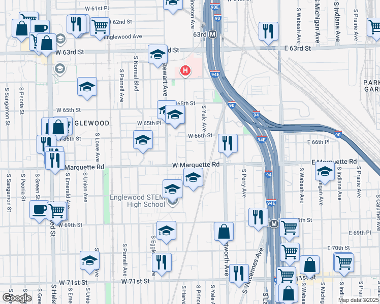 map of restaurants, bars, coffee shops, grocery stores, and more near 6629 South Harvard Avenue in Chicago