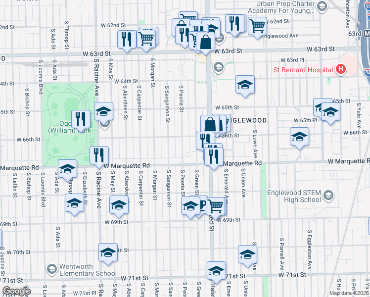 map of restaurants, bars, coffee shops, grocery stores, and more near 6625 South Peoria Street in Chicago