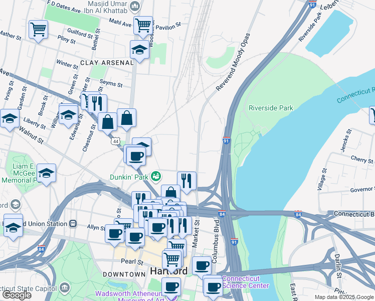 map of restaurants, bars, coffee shops, grocery stores, and more near 300 Windsor Street in Hartford