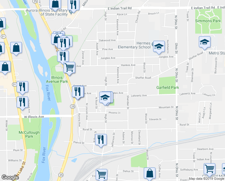 map of restaurants, bars, coffee shops, grocery stores, and more near 518 Gates Ave in Aurora