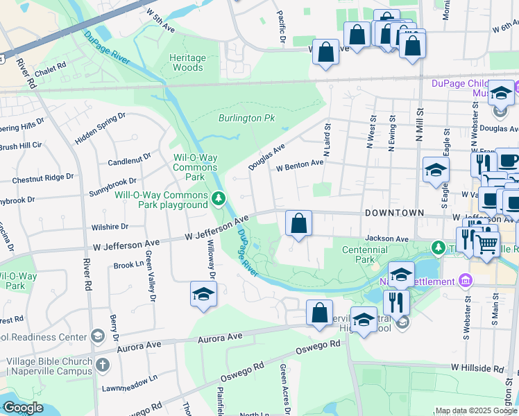 map of restaurants, bars, coffee shops, grocery stores, and more near 1056 Douglas Avenue in Naperville