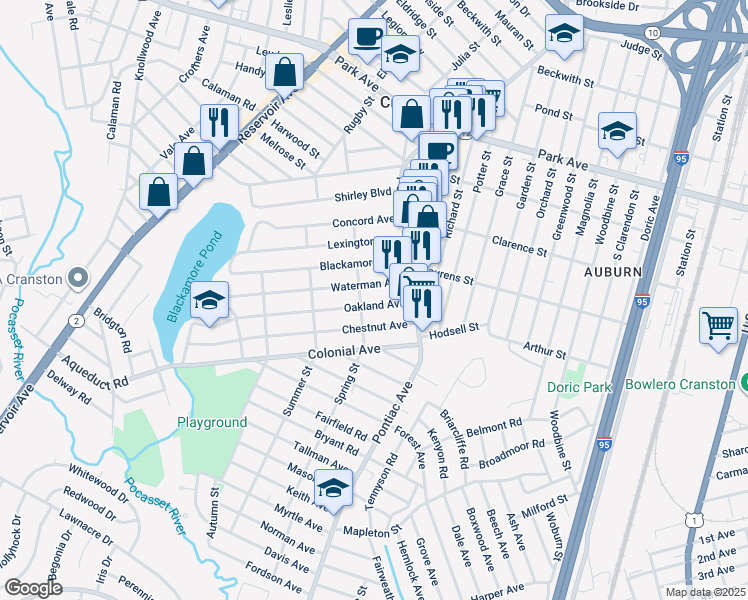 map of restaurants, bars, coffee shops, grocery stores, and more near 35 Oakland Avenue in Cranston