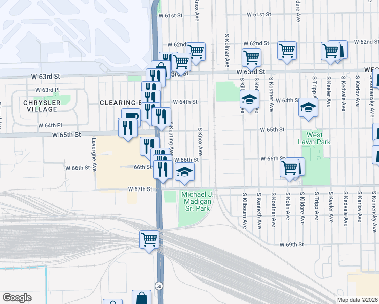 map of restaurants, bars, coffee shops, grocery stores, and more near 6545 South Kilpatrick Avenue in Chicago