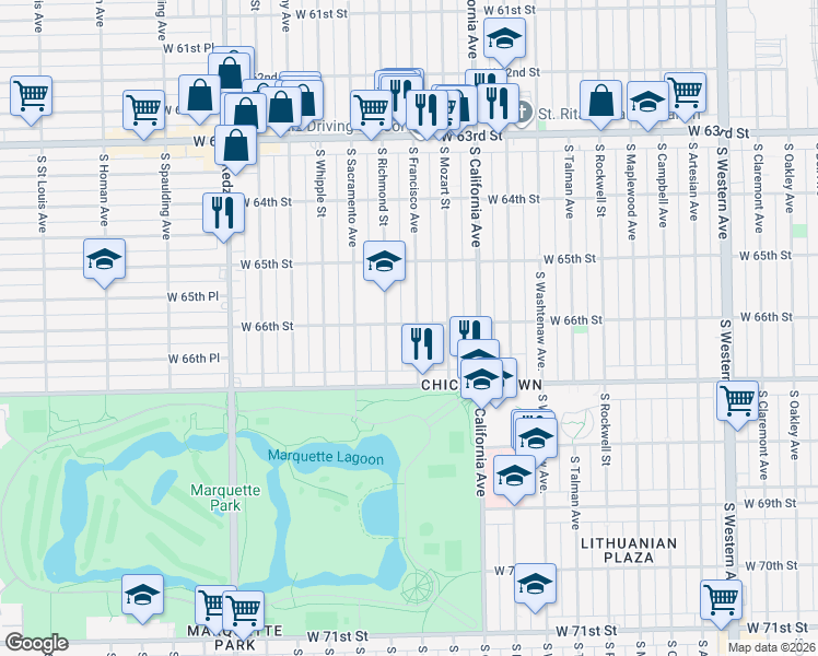 map of restaurants, bars, coffee shops, grocery stores, and more near 2907 West 66th Street in Chicago