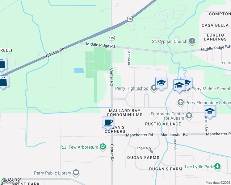 map of restaurants, bars, coffee shops, grocery stores, and more near 3621 Center Rd in Perry