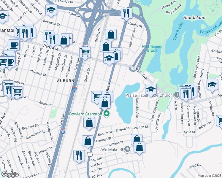 map of restaurants, bars, coffee shops, grocery stores, and more near 1350 Elmwood Avenue in Cranston
