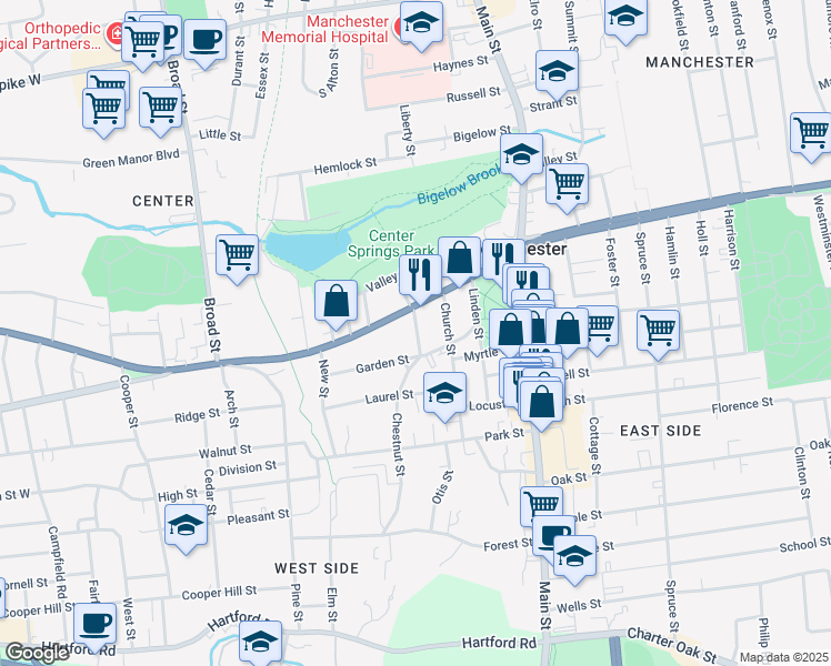 map of restaurants, bars, coffee shops, grocery stores, and more near 19 Winter Street in Manchester