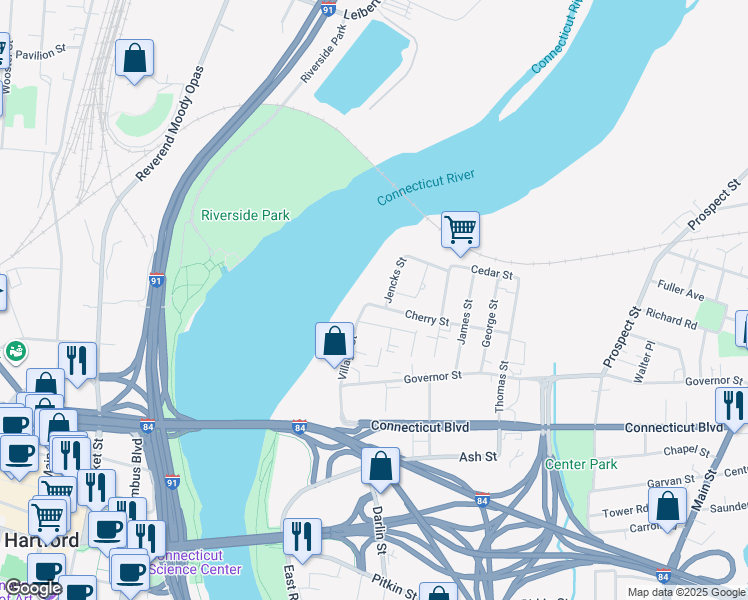 map of restaurants, bars, coffee shops, grocery stores, and more near 20 Jencks Street in East Hartford