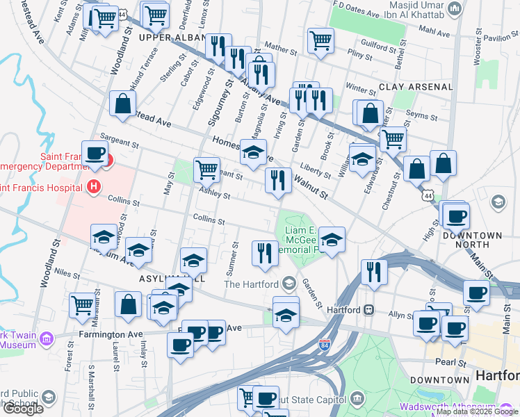 map of restaurants, bars, coffee shops, grocery stores, and more near 29 Ashley Street in Hartford