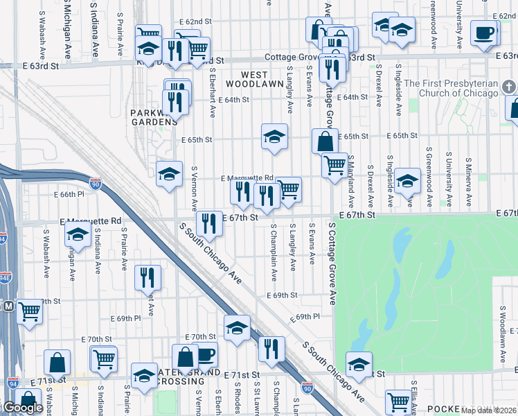 map of restaurants, bars, coffee shops, grocery stores, and more near 6647 South Saint Lawrence Avenue in Chicago